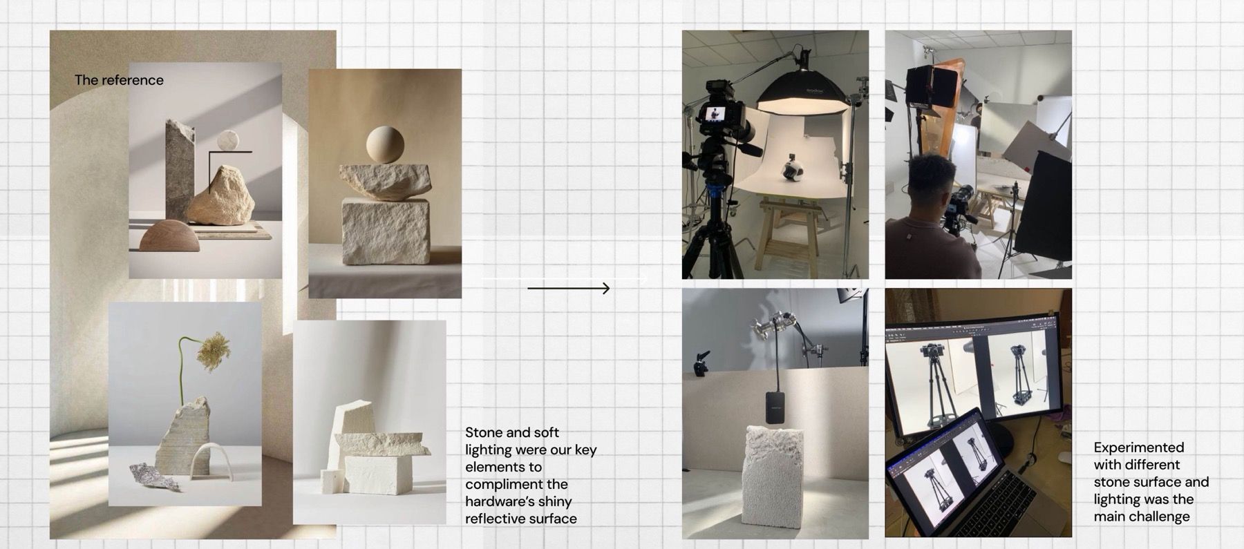 Studio moodboard: stone and soft-light references beside behind-the-scenes photos of the lighting set-up