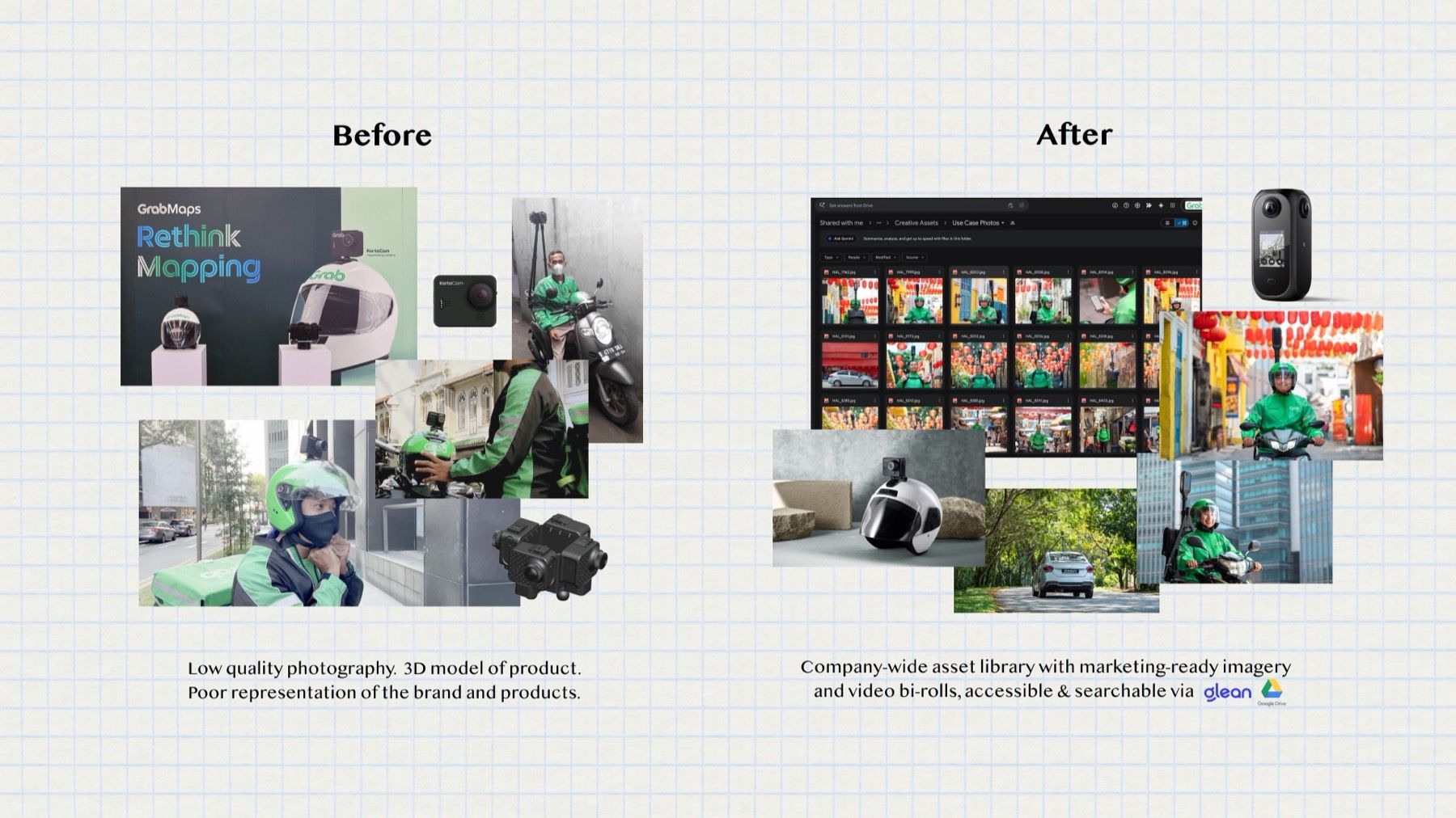 Before and after: on the left, the old 3D renders and phone snaps; on the right, the new shared library of shoot selects and studio shots