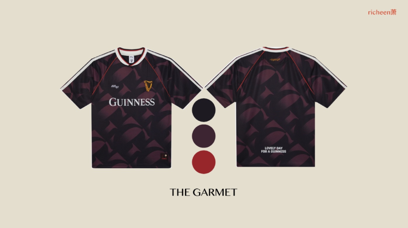 Moodboard slide: the garment, front and back, with its three colours