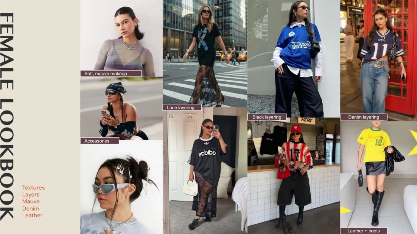 Moodboard slide: the female lookbook, with textures, layers, mauve, denim and leather