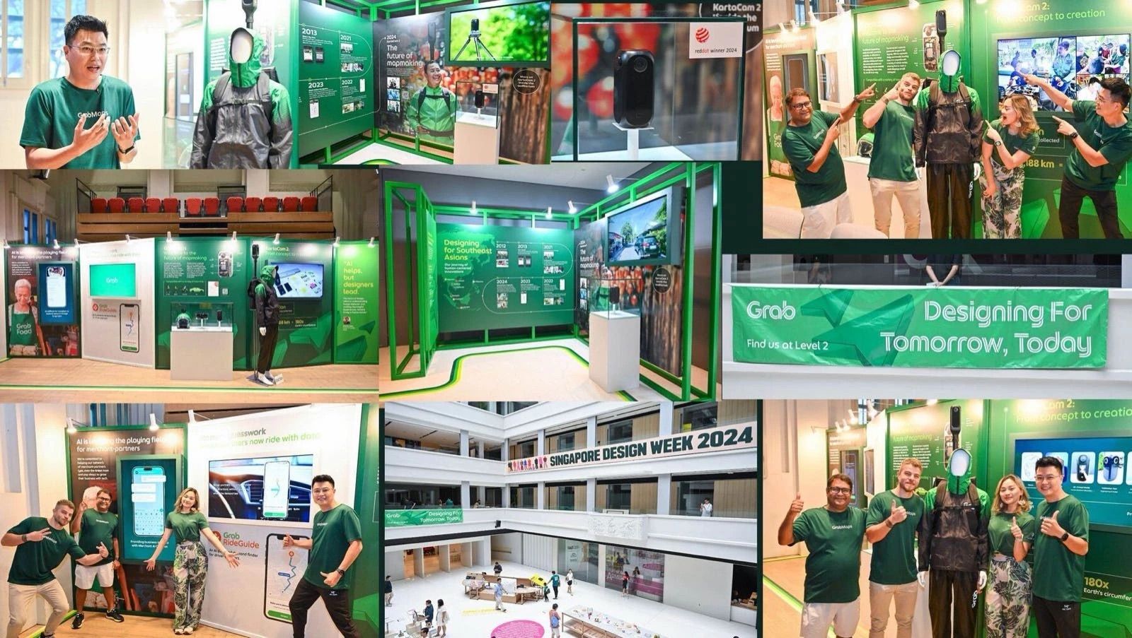 A collage of the GrabMaps room at Singapore Design Week: the timeline wall, the KartaCam display and visitors