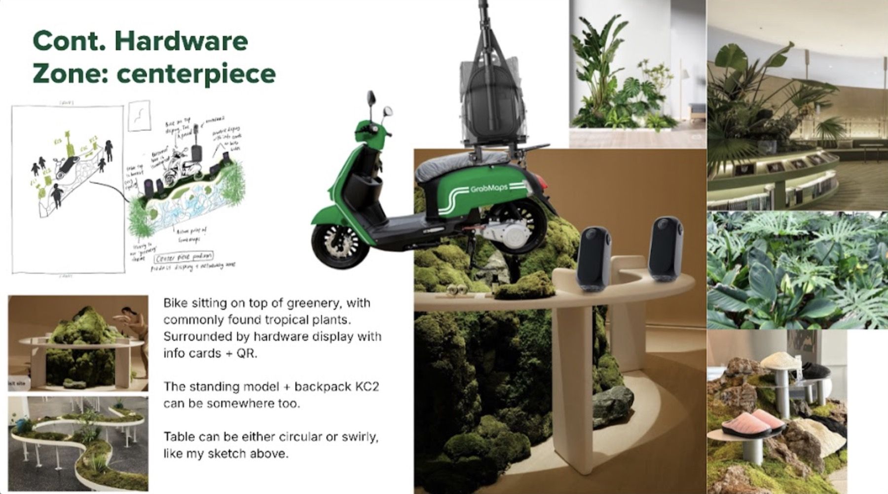 Concept slide: the bike sitting on greenery, surrounded by a hardware display, with sketches and references