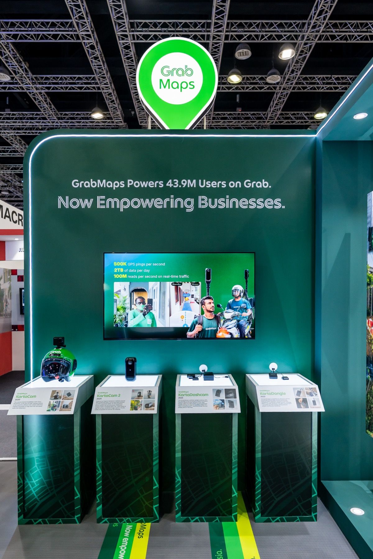 The hardware wall with KartaCam devices on plinths below a screen