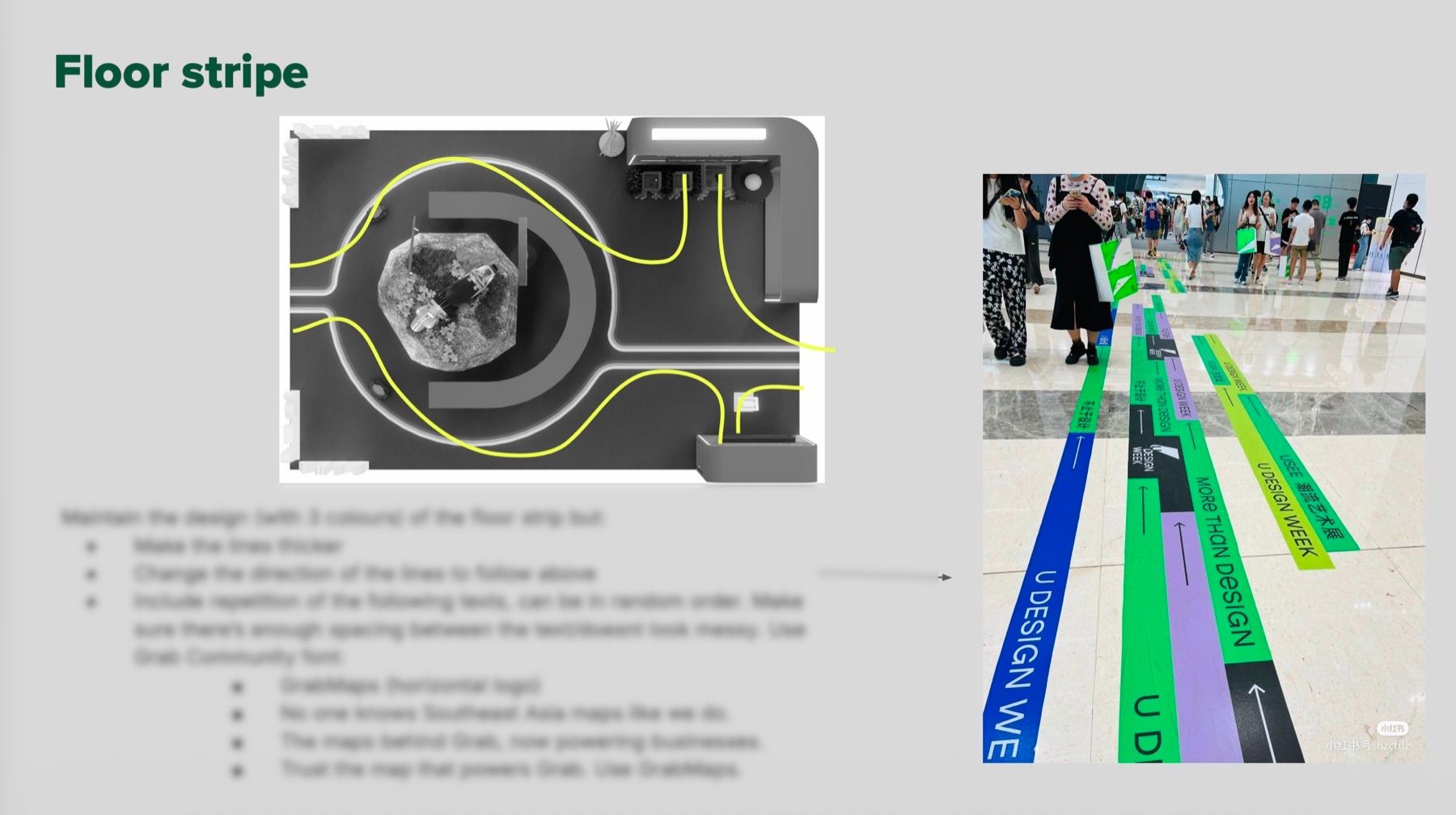 Brief slide on floor strips guiding visitors through the zones