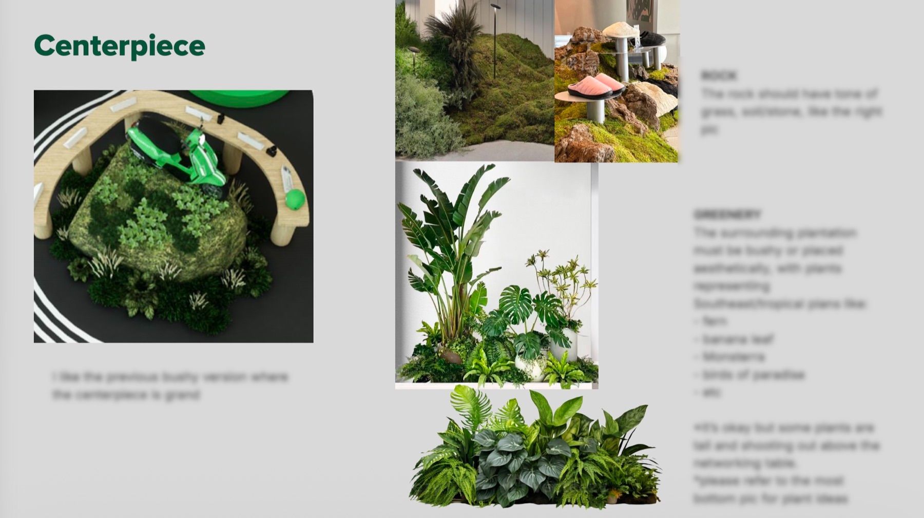 Brief slide on the centrepiece with plant and rock references