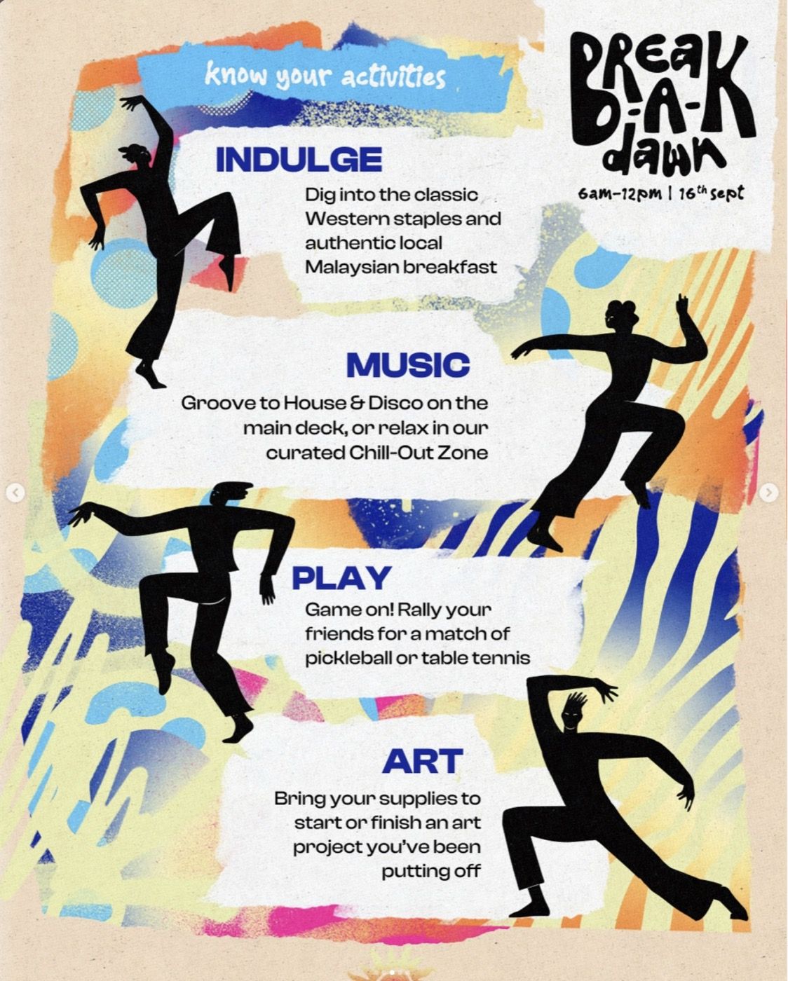 A Break-A-Dawn post explaining the activities: indulge, music, play and art