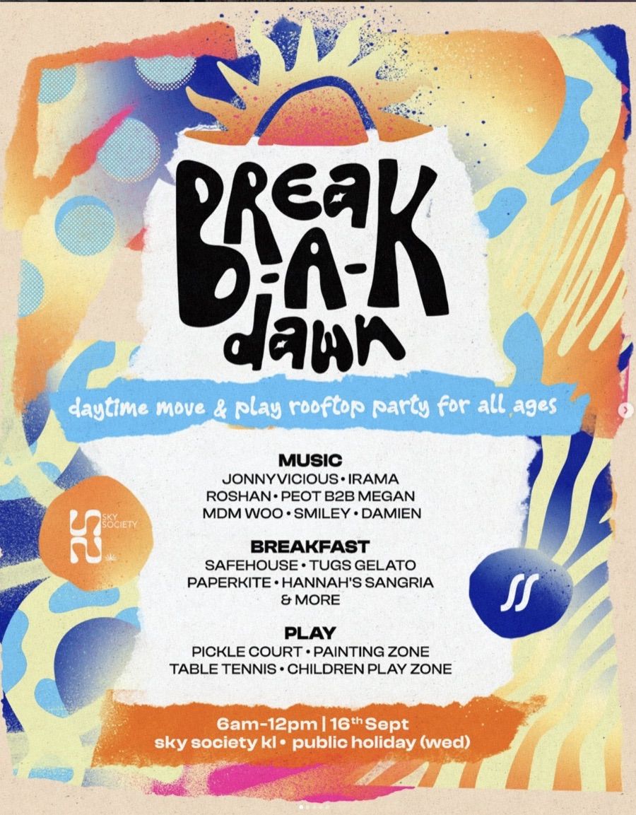 The Break-A-Dawn poster with the music, breakfast and play line-up