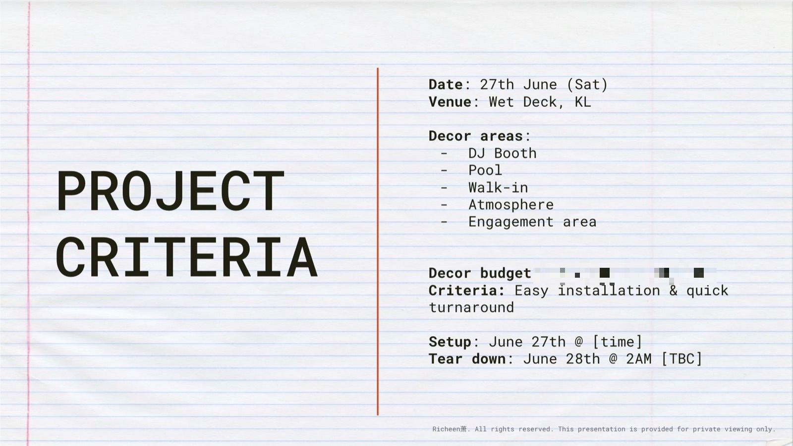 Proposal slide: project criteria, decor areas and budget
