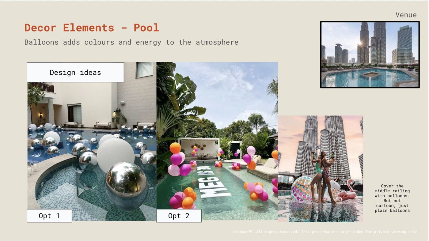 Proposal slide with design ideas for the pool
